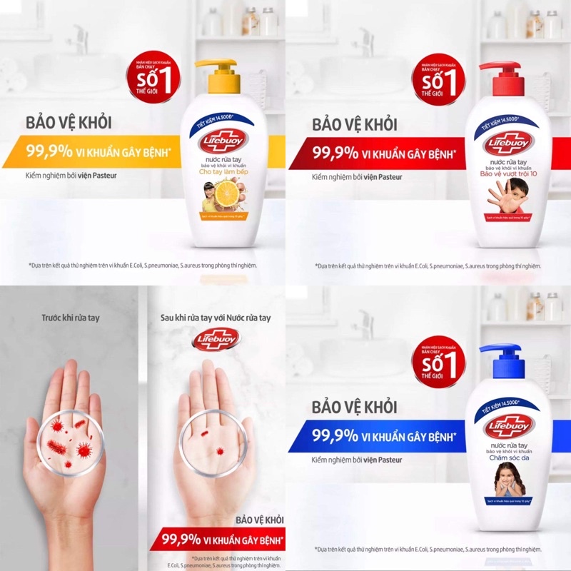 Nước rửa tay Lifebuoy 500G giúp bảo vệ khỏi 99,9% vi khuẩn trên tay