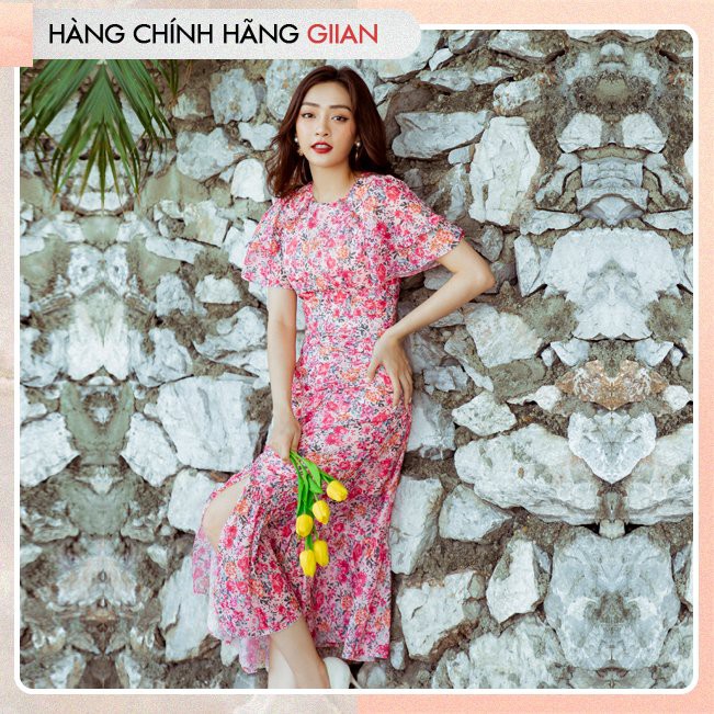 Giian - Váy hoa nhí dáng dài, đầm cổ tròn cánh tiên nhún eo đuôi cá cổ V - Rosy Dress - V2259