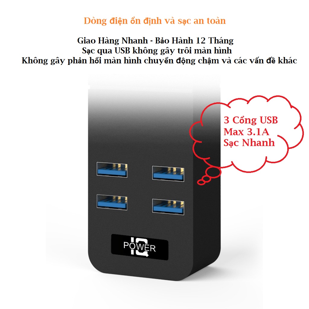 3 Ổ + 4USB 3.1A Ổ cắm điện thông minh cao cấp T08, dây dài 2m, 4 USB 3 phích cắm, công suất 2500W chống giật, lõi đồng