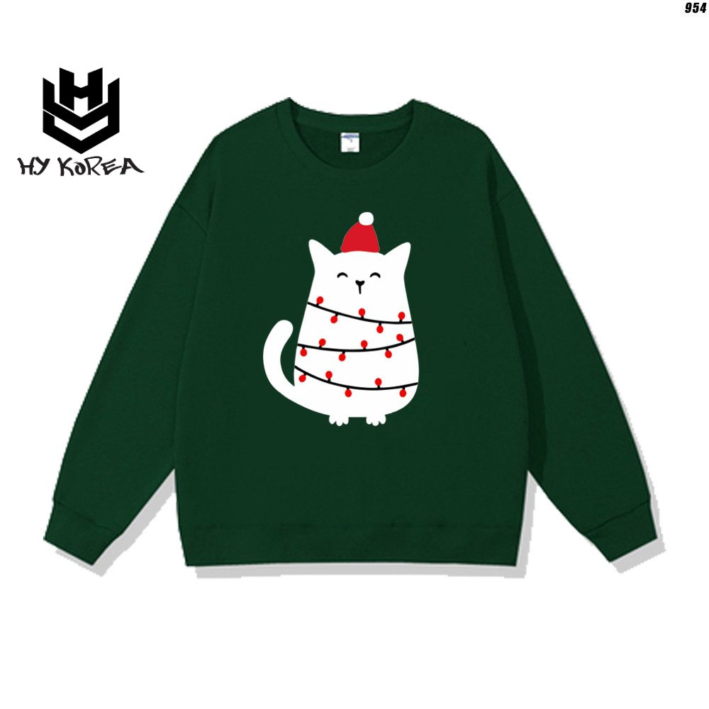 Áo Sweater nỉ cổ tròn phù hợp nam nữ Mèo Noel 954 HY KOREA