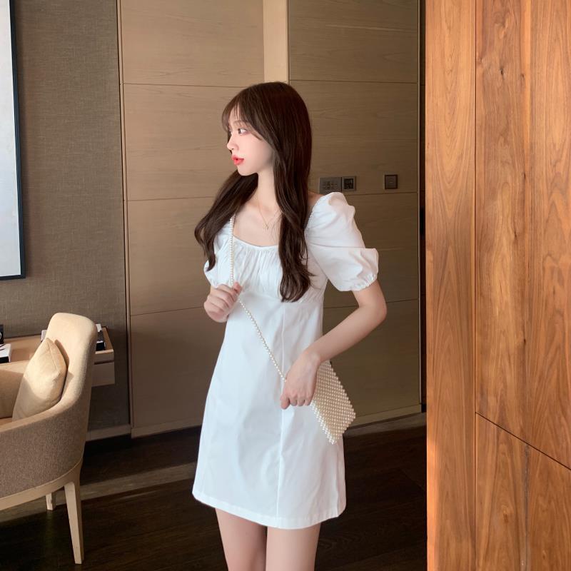 [MURIOKI] Đầm Dáng Chữ A Tay Phồng Cổ Vuông Màu Trắng / Tím Phong Cách Pháp Tinh Tế Thời Trang Cho Nữ