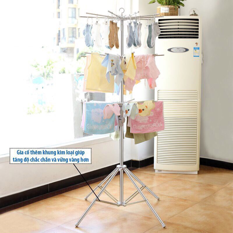 Cây sào phơi đồ inox thông minh gấp gọn đa năng 3 tầng 60 kẹp, treo đồ sơ sinh tiện dụng