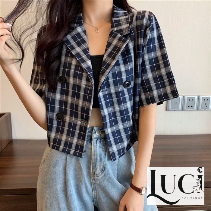 Áo khoác nữ ngắn tay/ Blazer nữ ngắn tay caro xanh | BigBuy360 - bigbuy360.vn