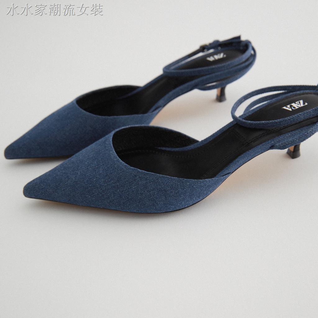 Zara Giày Sandal Cao Gót Mũi Nhọn Chất Liệu Denim Màu Xanh Dương Có Size Lớn