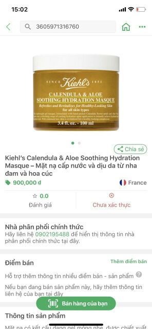 Mask hoa cúc nha đam Kiehl's 100ml