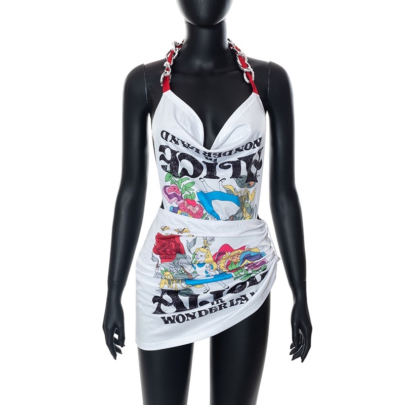 Đầm Tay Ngắn Hở Lưng In Họa Tiết Hoạt Hình Phong Cách Đường Phố Cá Tính Cho Nữ