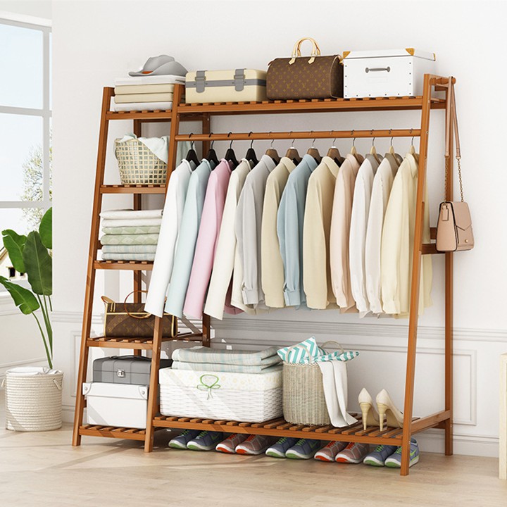 Giá treo quần áo gỗ tre chữ A kiểu Hàn decor phòng ngủ đẹp - Tủ kệ để đồ túi xách trang trí shop quần áo thời trang