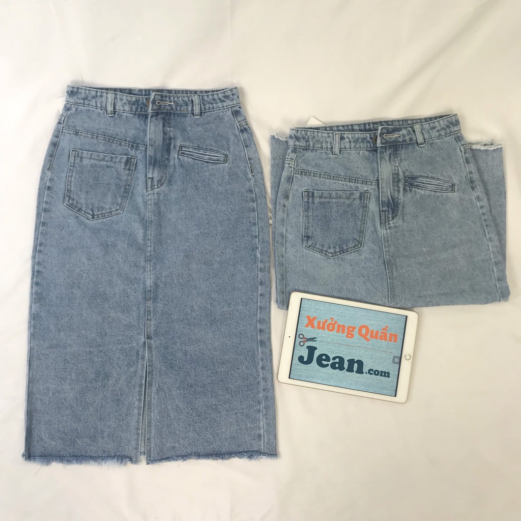 Chân Váy Jean Dài Xẻ Tà Phối TÚI LỆCH Chất Bò Màu Xanh Nhạt 527 | BigBuy360 - bigbuy360.vn
