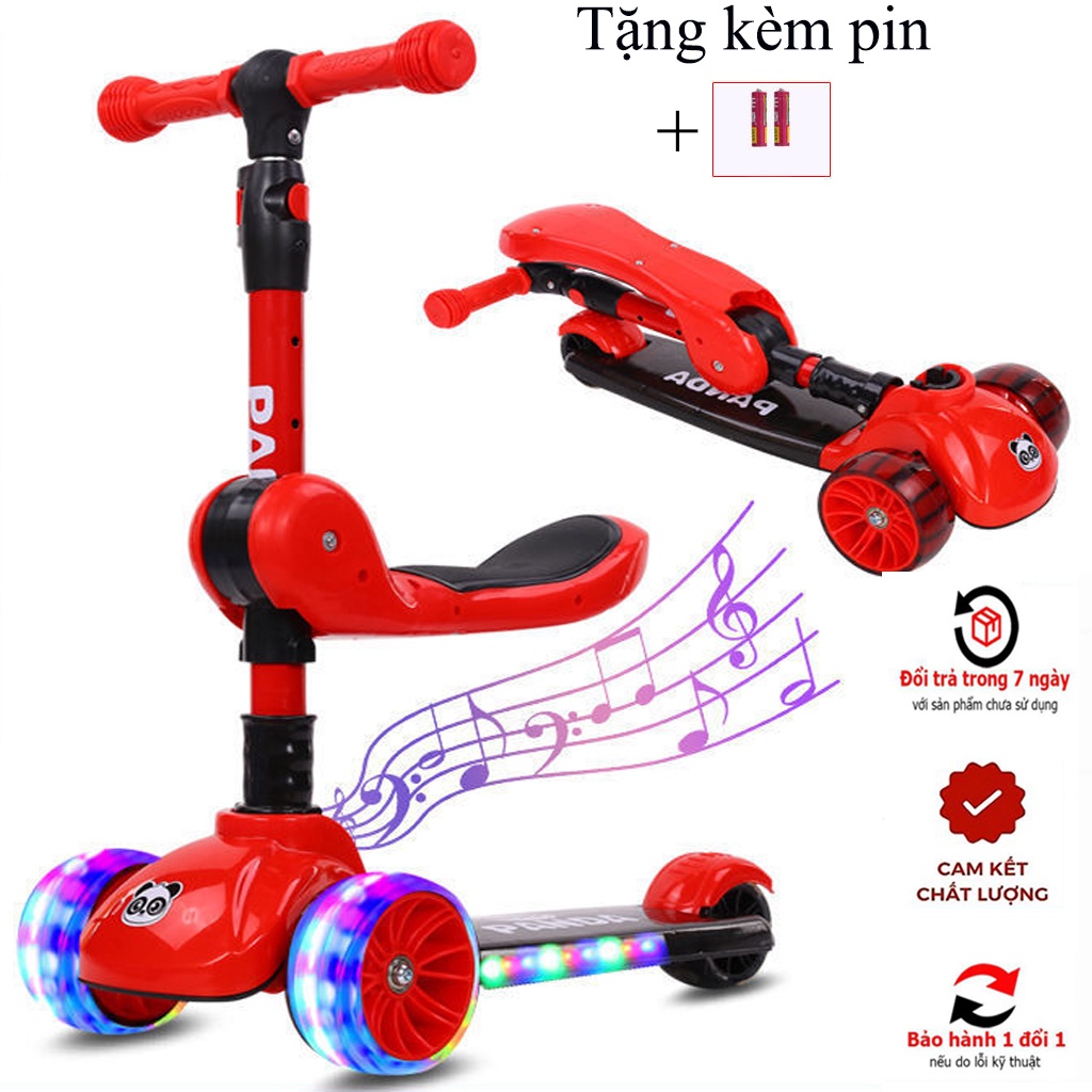 Xe Trượt Scooter 3 Bánh Cho Bé - Xe Trượt Panda Có Ghế Ngồi Tặng Kèm Pin