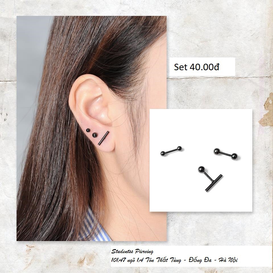 Set khuyên : 1 khuyên 2 đầu bi bi nhỏ+ 1 khuyên 2 đầu bi bi vừa + 1 khuyên thanh dài