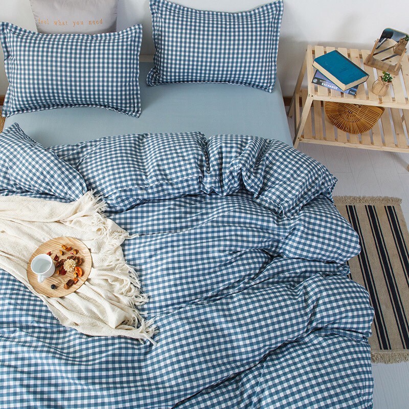 Bộ chăn ga gối Cotton poly M2T bedding Caro xanh nhỏ, vỏ chăn mền, drap giường và 2 vỏ gối