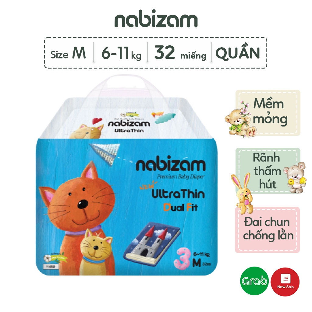 Tã/Bỉm Quần Nabizam UltraThin Nội Địa Hàn Cao Cấp Mỏng Vượt Trội, Thấm Hút Và Chống Tràn Hiệu Quả Size M/6-11kg/32 miếng