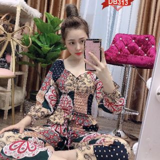 Bộ thổ cẩm lụa tay lỡ quần dài nhúng eo cực xịn
