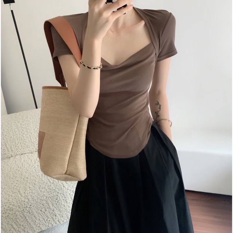 Áo Thun Nữ Tay Ngắn Cổ Vuông Bo Eo Vạt Bầu Chất Vải Thun Mềm Mại Titifa Shop