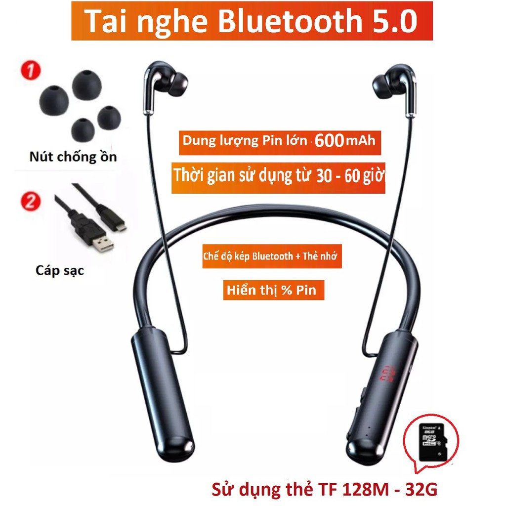 Tai Nghe Bluetooth thể thao S960 chip 5.0 Pin khủng 600mAh, Nghe Nhạc 60h ,hỗ trợ LED báo % pin, hỗ trợ khe lắp thẻ nhớ
