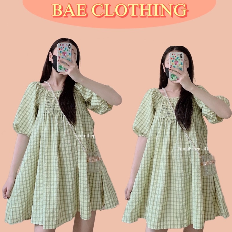 ĐẦM NGẮN GREEN DRESS tone caro xanh thiết kế form babydoll bo chun co giãn style trẻ trung năng động hàn quốc ullzang