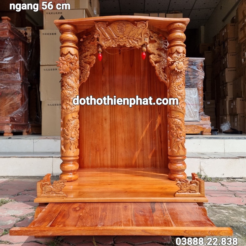 Bàn thờ thần tài ông địa gỗ xoan ngang 56 cm quỳ trụ mẫu mới rất đẹp