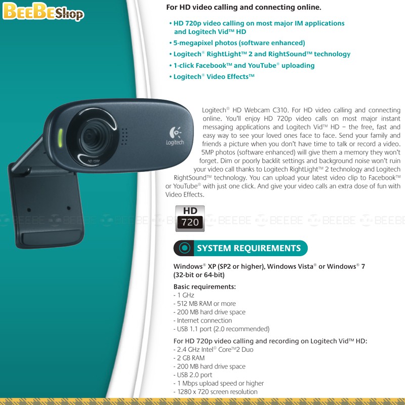 Logitech C310 - Webcam Gọi Video Trực Tuyến, Chất Lượng HD 720p | BigBuy360 - bigbuy360.vn