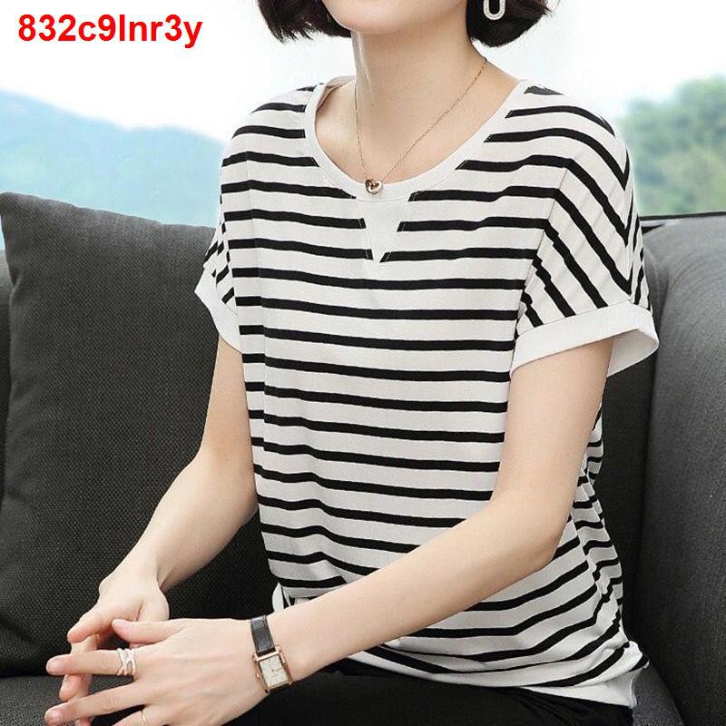 Đầm[ 100% cotton] áo thun ngắn tay phụ nữ mùa hè năm 2021 sọc mới mẹ trung niên rời hàng đầu