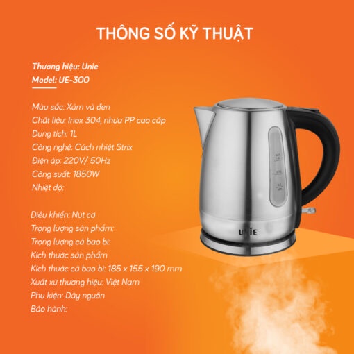 [Mã ELHADEV giảm 4% đơn 300K] Ấm siêu tốc inox Unie UE-300 dung tích 1 Lít, 1850W