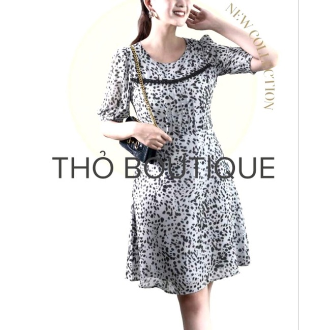 Đầm xoè FOREVER21 voan cổ tròn tay lỡ phồng xám chấm đen ngực viền ren đen xếp ly