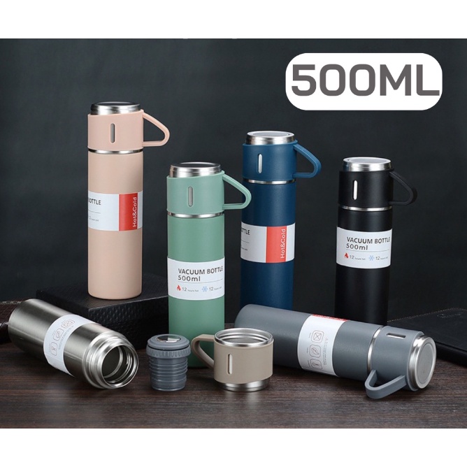 Bình Giữ Nhiệt Nóng Lạnh 500ml Kèm 2 Cốc Hôp Đựng Xịn Xò Chất Liệu Inox 304, Dung Tích- Bộ bình 2 cốc