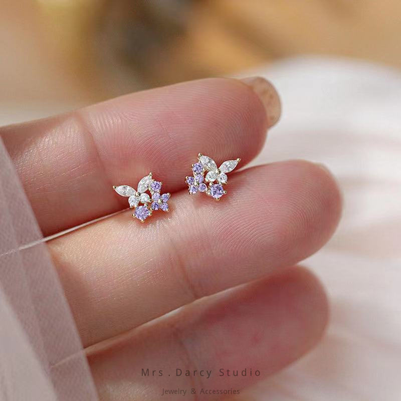 MRS.D【In Stock】100% Sterling Silver Purple Butterfly S925 Earrings Stud Earrings Colors of Zircon Jewelry Gift Ear Clips Minimalist Earring Design Jewelry Girls Allergy Free