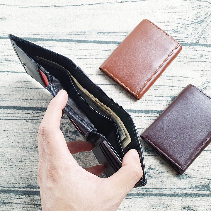 Ví nam gập 3 da bò thật WS102 - 100% da bò thật, BH 3 năm