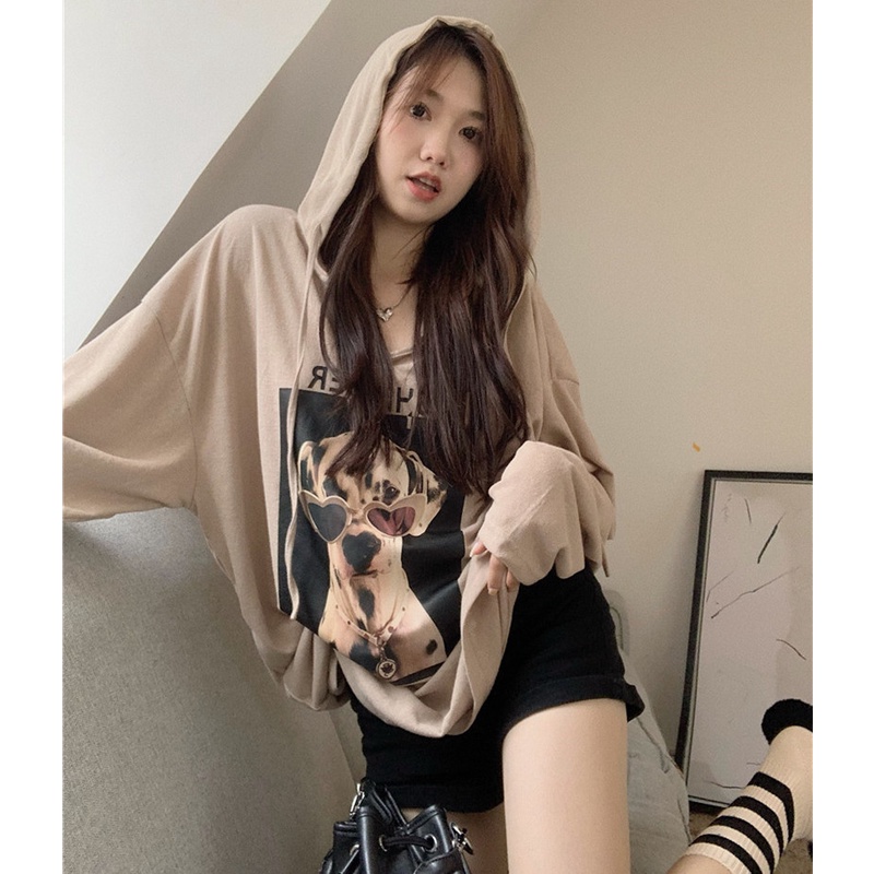 Áo Thun Hoodie Tay Dài Dáng Rộng In Hình Thời Trang Mùa Thu