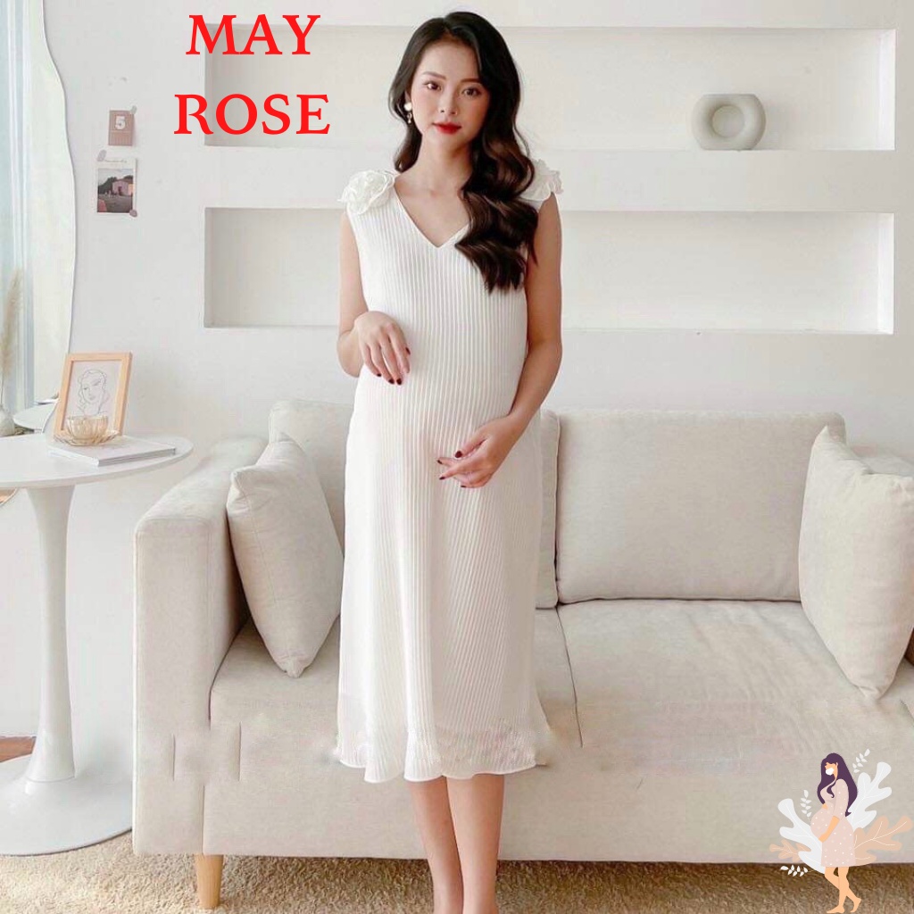 Váy bầu dự tiệc thiết kế cao cấp , Đầm bầu sang chảnh đẹp dáng maxi voan dập li MAY ROSE Shop từ 38 đến 75kg