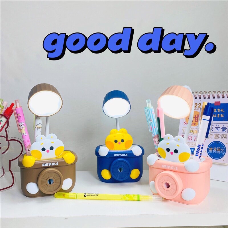 Đèn ngủ, đèn học sạc pin kèm khay cắm bút và gọt chì cute