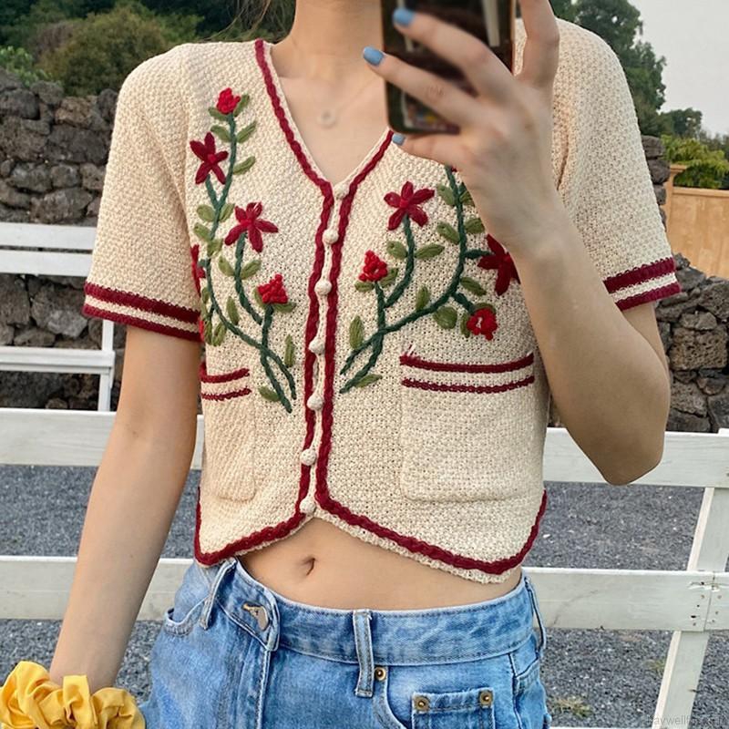 Áo Khoác Cardigan Dệt Kim Tay Ngắn Cổ Chữ V Thêu Hoa Xinh Xắn Cho Nữ | BigBuy360 - bigbuy360.vn