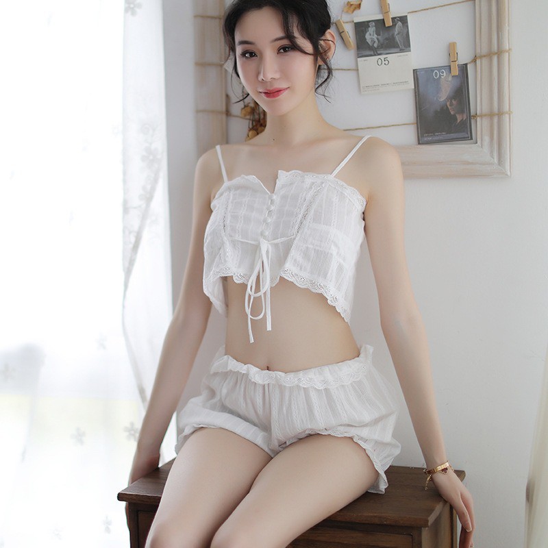 Bộ đồ ngủ nữ gợi cảm hai dây màu trắng thô đũi - Đồ ngủ sexy nữ -B04