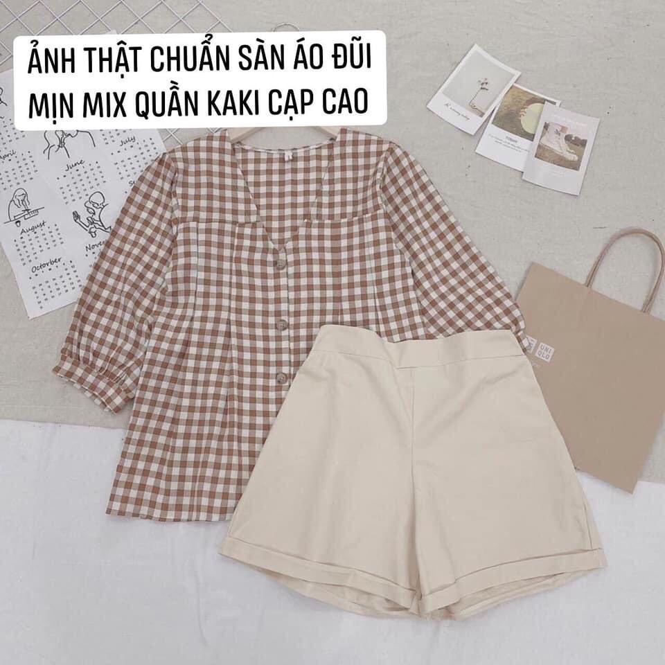 Set áo đũi kẻ quần kaki  💖FREESHIP💖 quần cạp cao mix với áo kiểu cực xinh AD68