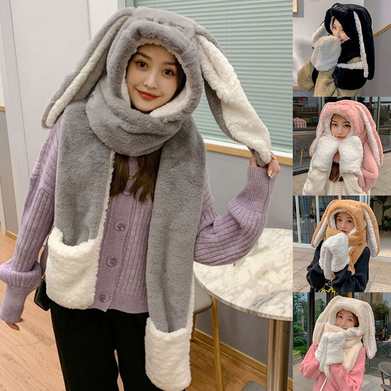 Set mũ trùm đầu + khăn choàng cổ + găng tay + mũ tai thỏ màu trơn dễ thương thân thiện với làn da