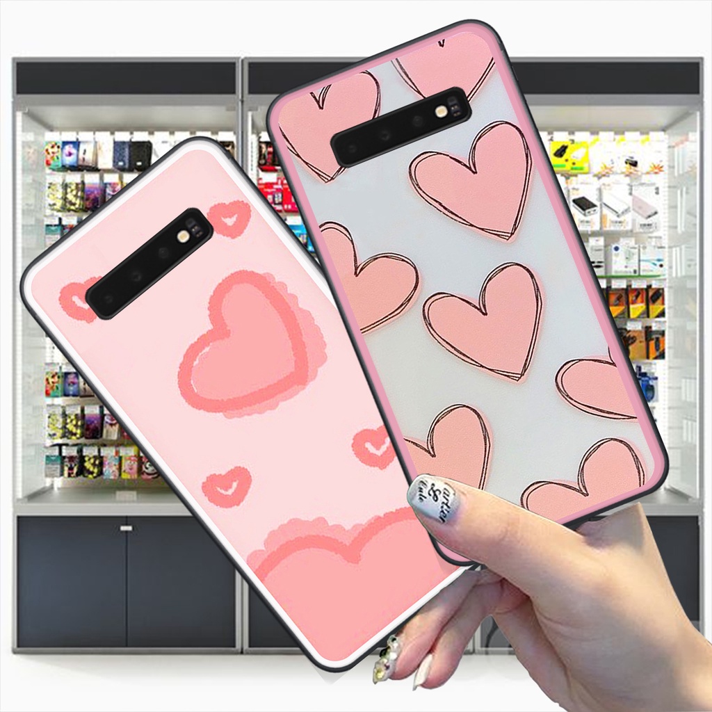 Ốp Samsung S10 / S10 5G / S10 Plus / S10+ bộ hình caro trái tim đen trắng hồng bong bóng dễ thương