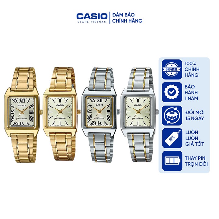 Đồng hồ Nữ Casio LTP-V007, đồng hồ chính hãng, màu vàng, dây thép không gỉ, mặt vuông nhỏ nhắn phong cách cổ điển