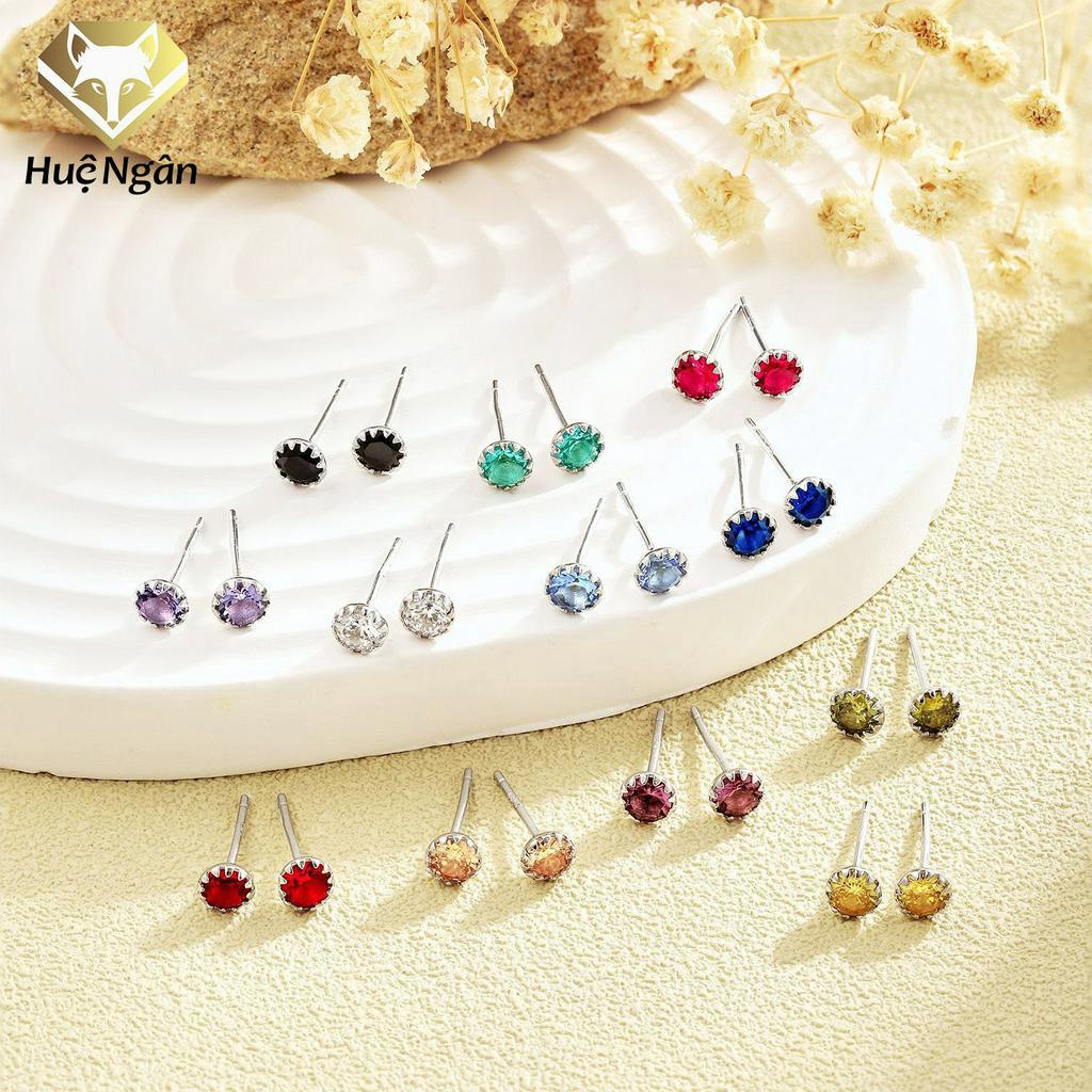 Bông tai bạc Ý 925 Huệ Ngân - Hoa đá 4mm sắc màu 12 cung hoàng đạo ED0001
