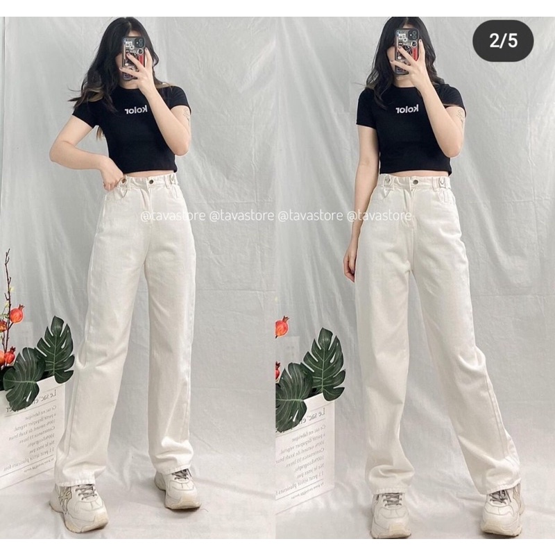 Quần Jean suông đen trắng cúc cài quốc dân (Ảnh thật)