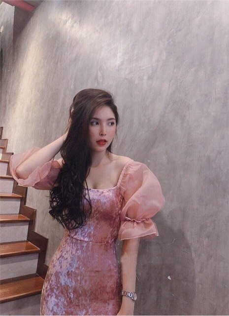 ĐẦM NHUNG HỒNG PHỐI TAY VOAN | BigBuy360 - bigbuy360.vn