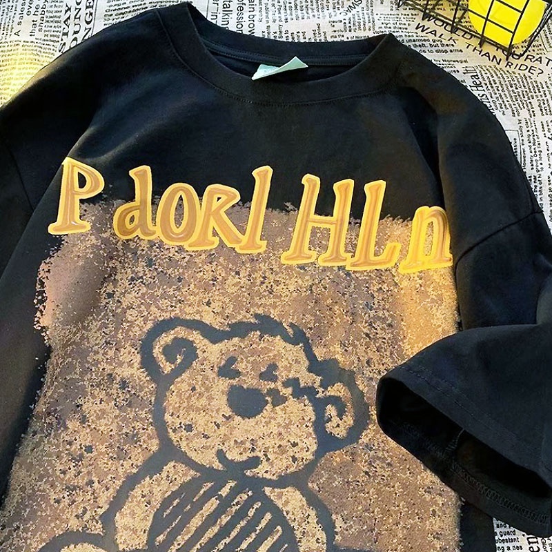 Áo Thun Cotton Tay Ngắn Cổ Tròn In Họa Tiết Gấu Hoạt Hình Graffiti Phong Cách Hàn Quốc Thời Trang Dành Cho Nam