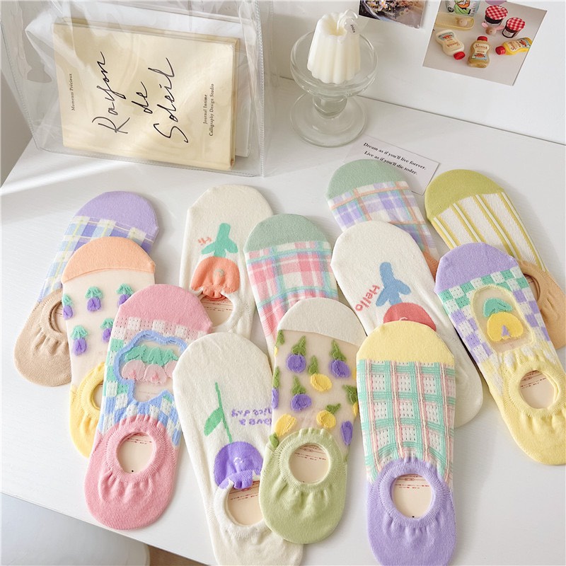 Set 5 Đôi Tất Hài Nữ Họa Tiết Hoa Lá Nhiều Màu Siêu Xinh