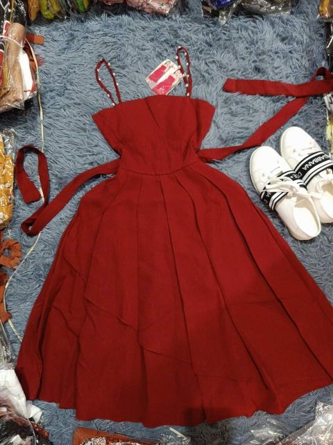 Đầm 2 dây xếp li dáng dài đính ngọc ( kèm hình thật )