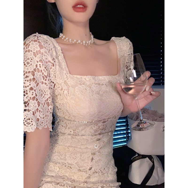 Đầm Váy Thiết Kế Ren Ôm Body Màu Trắng Dáng Dài Tay Lỡ Kiểu Pháp Sang Trọng Hàng Quảng Châu Cao Cấp Mặc Đi Dự Tiệc Cưới