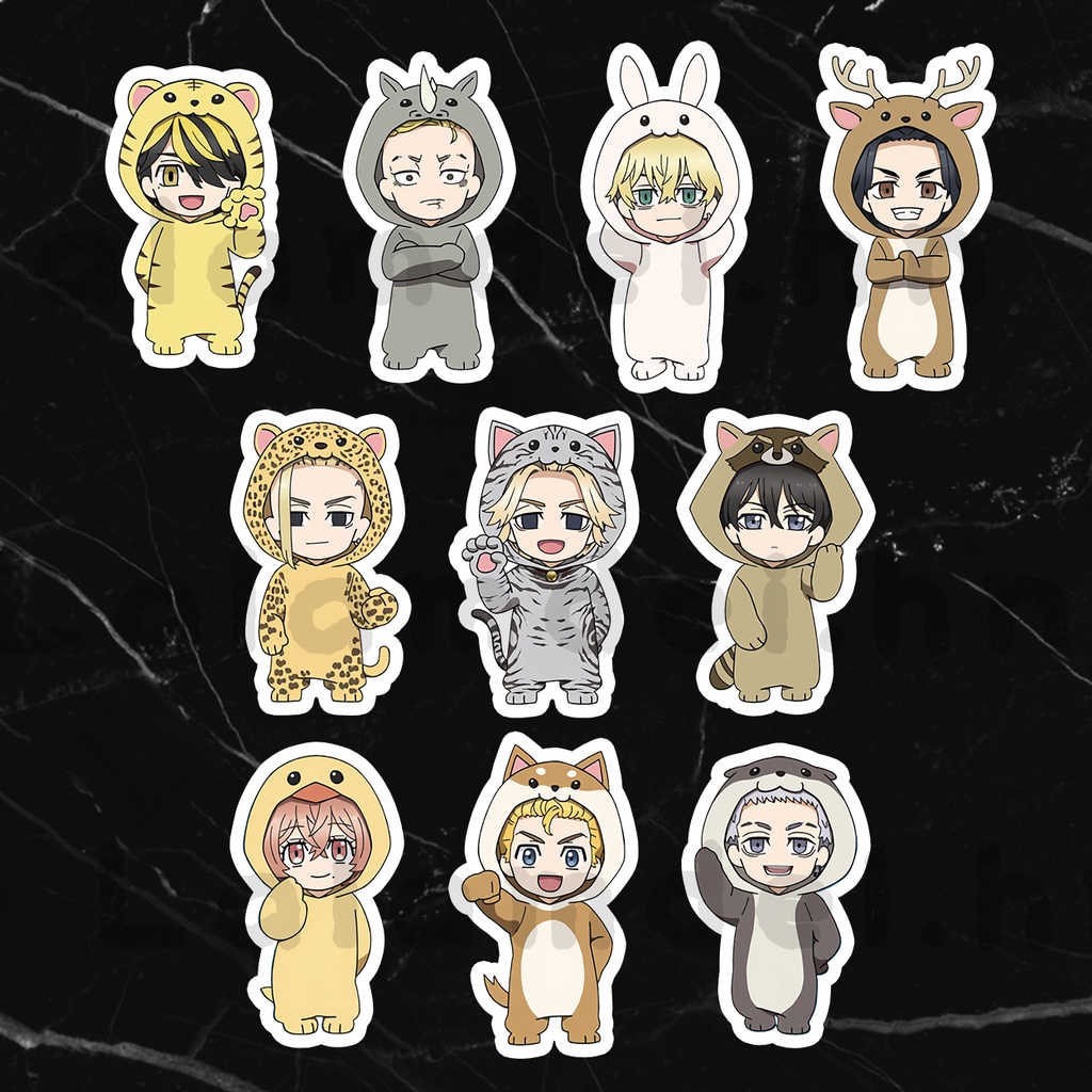 Bộ 10 sticker anime Tokyo Revengers chibi mặc đồ thú size 4.5 cm