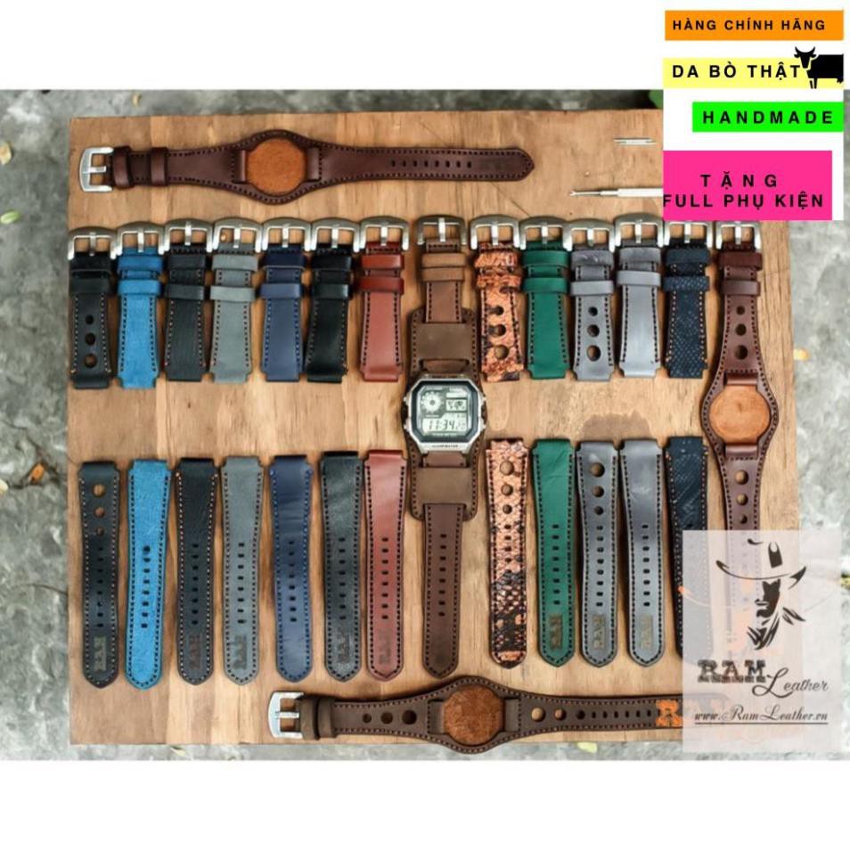 DÂY  CASIO AE1200 / SEIKO5 / ORIENT SK DA BÒ RẰN RI QUÂN ĐỘI HANDMADE (TẶNG ĐẦY ĐỦ KHÓA + CHỐT + CÂY THAY DÂY)