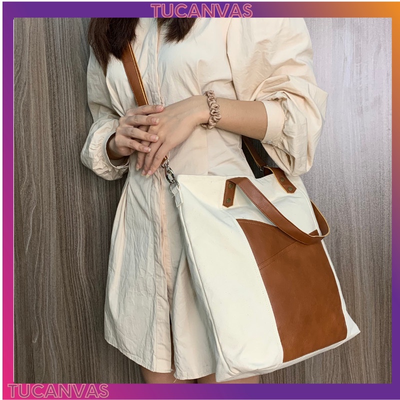 Túi xách nữ, túi đeo chéo nữ công sở vải canvas mix da PU cao cấp kiểu dáng thời trang Hàn Quốc TUCANVAS TCV10