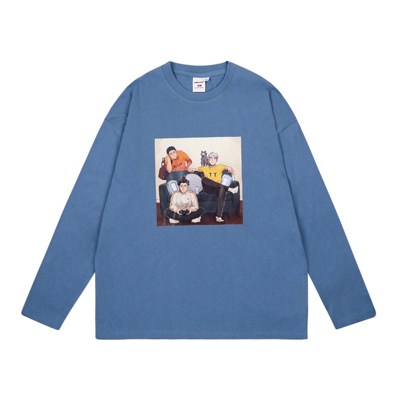 Áo thun tay dài dáng rộng in họa tiết hoạt hình phong cách Nhật Bản thời trang cho nam