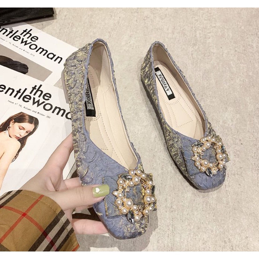 Mã 810 Giầy búp bê nữ da nhăn tag đá ngọc