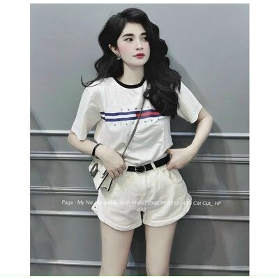 Áo thun cổ tròn phối màu chữ Tommm